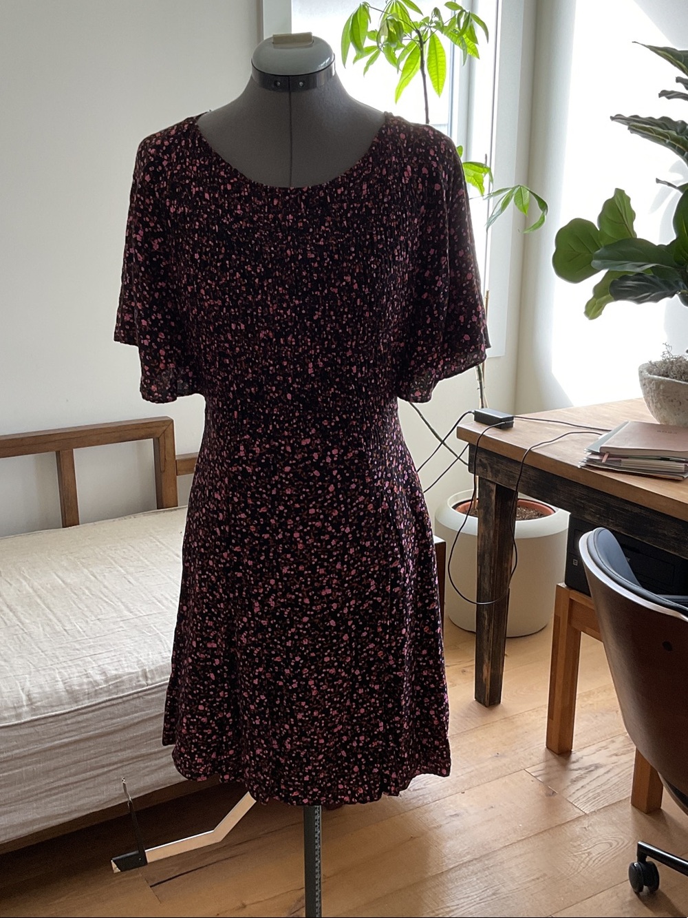 Free People Black Mini Dress with Pink Floral Ditsy Print